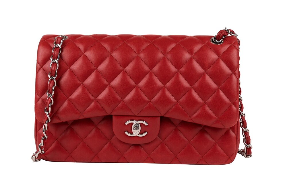 Chanel Red Classic Double Flap Jumbo Shoulder Bag Lambskin Silver Hardware